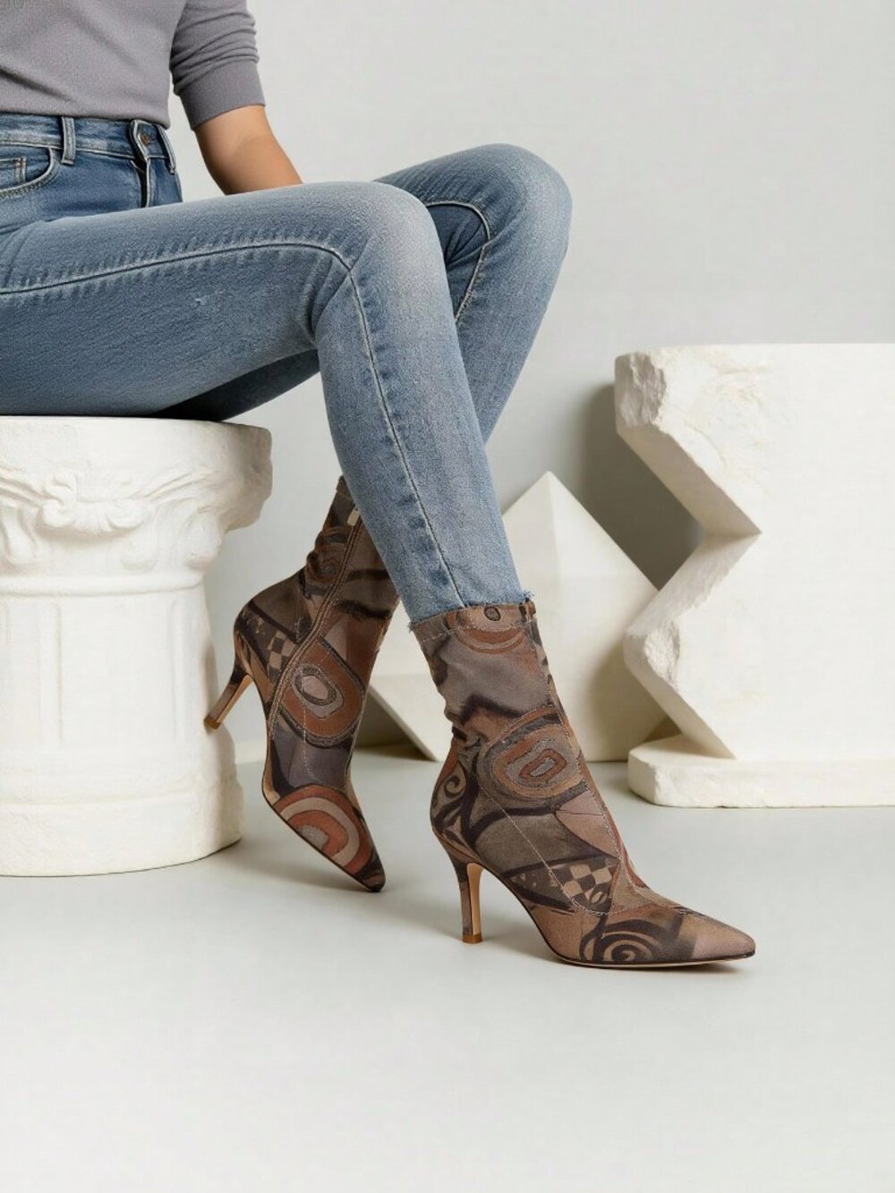 Multicolor Vintage Women's All Over Print Stiletto Slip-On Stretch Ankle Boots
